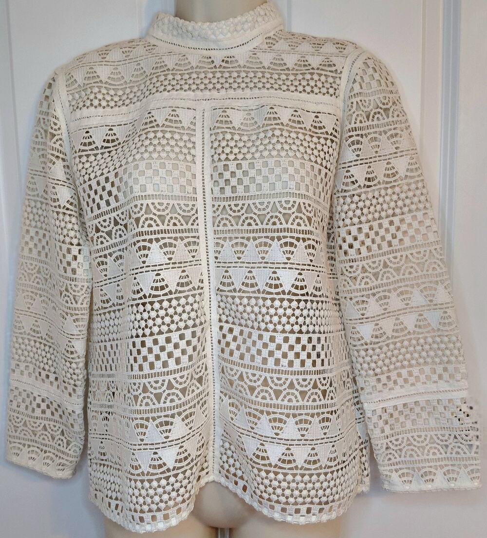 Mango MNG Suit Ivory Geometric Guipure Crochet Lace Mock Neck Blouse Top Medium